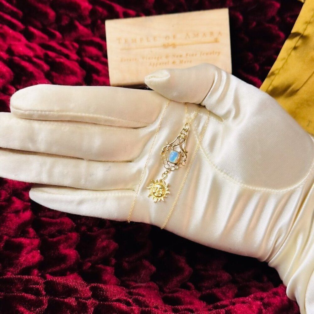 ANTIQUE- 10k Gold- Natural Opal & Seed Pearl Sun Necklace - Victorian Era- 2.1g - Picture 10 of 16